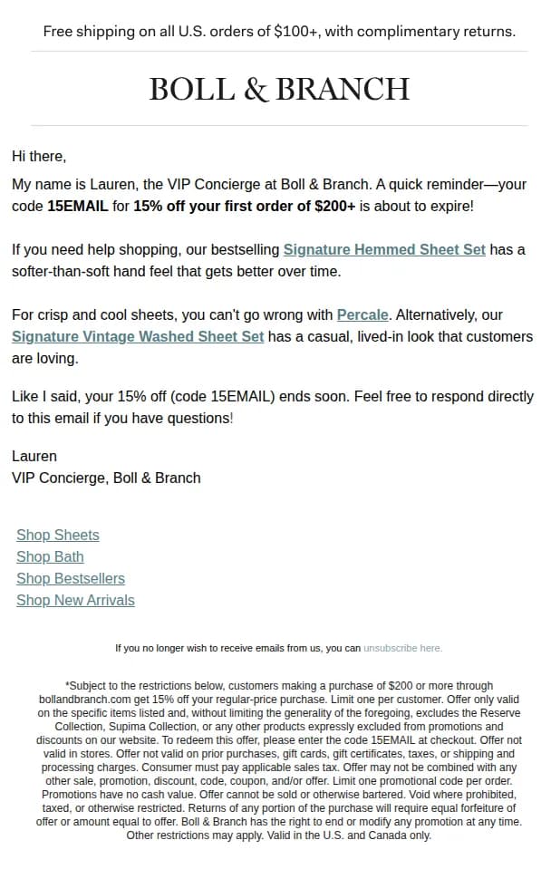 BOLL & BRANCH email: Hello from your VIP Concierge!