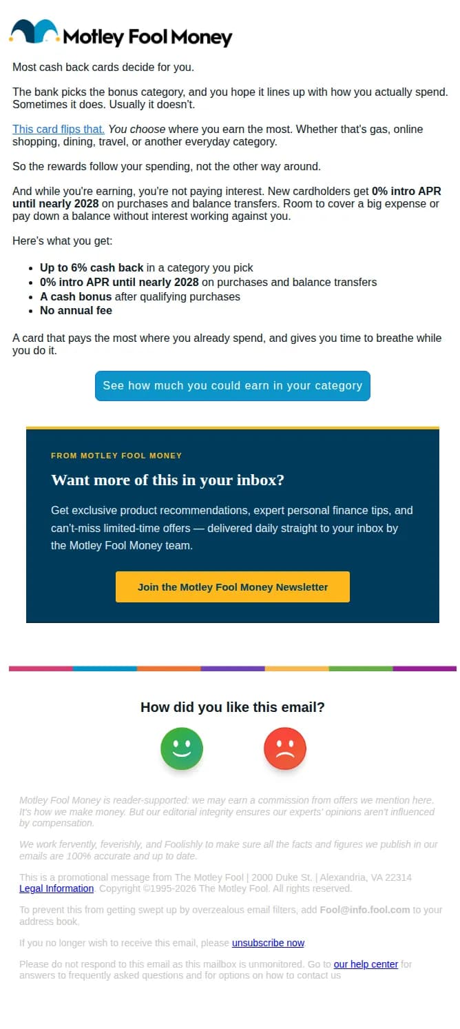 The Motley Fool email: Most cash back cards pick your top category for you