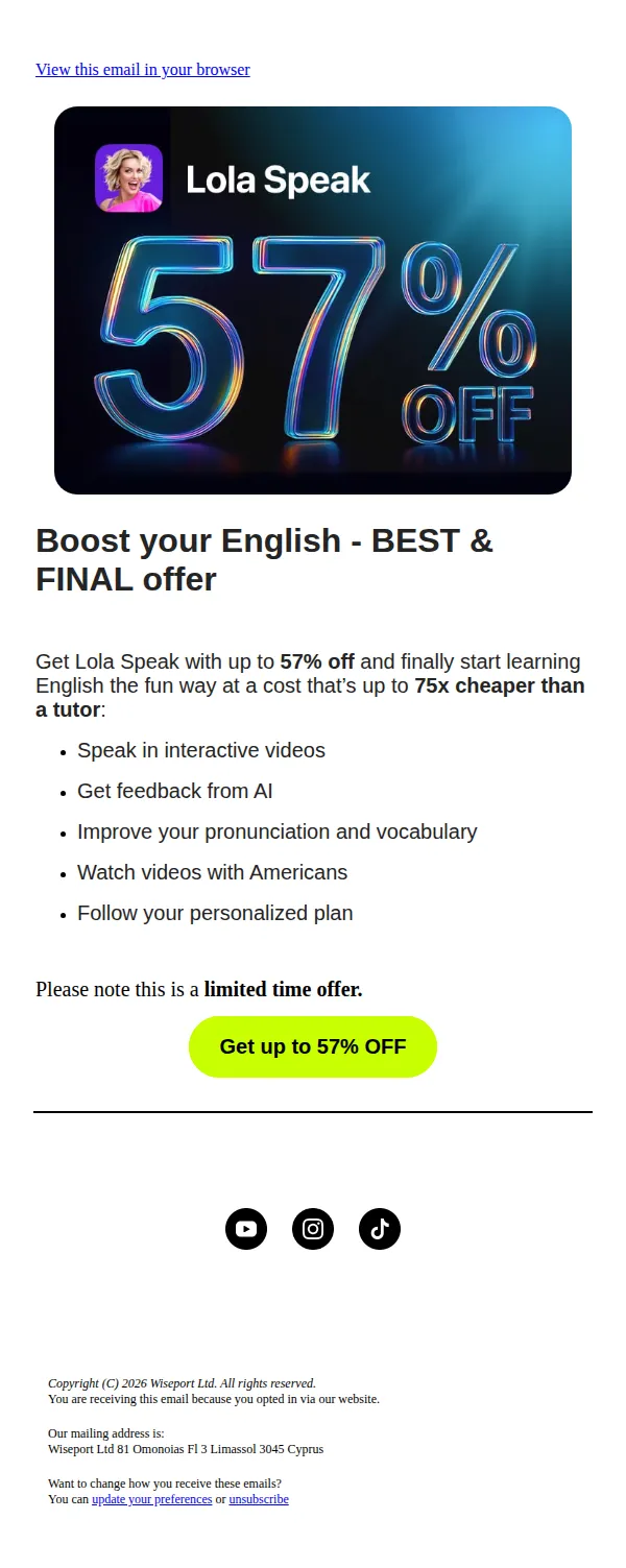 Lola Speak email: Achieve your English goals: BEST & FINAL OFFER ❤️ 🏁