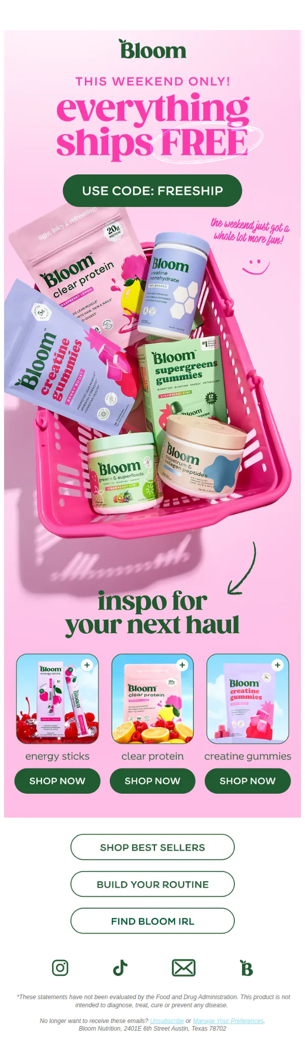 Bloom Nutrition email: You’ve unlocked FREE shipping 🚛✨