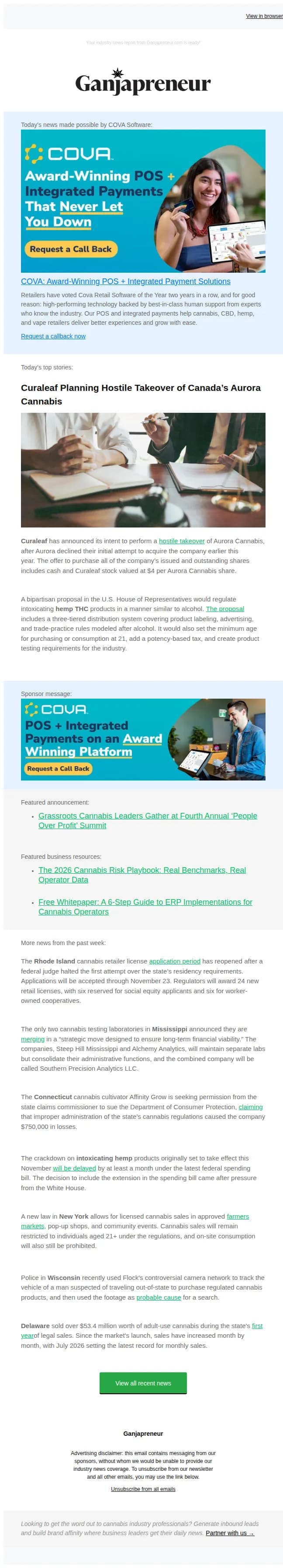 Ganjapreneur email: Curaleaf plans hostile takeover of Aurora, Federal bill seeks to regulate hemp THC beverages like alcohol, and more