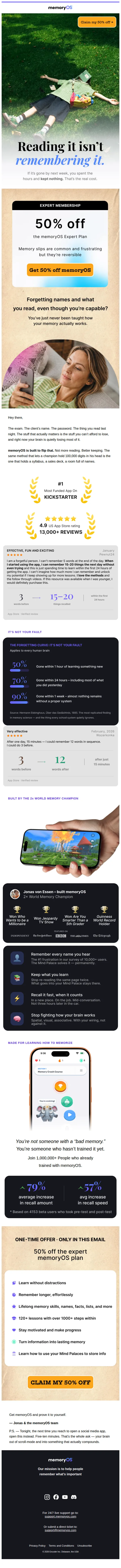 memoryOS email: Dear Customer, here's 50% off memoryOS