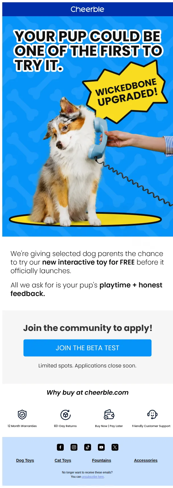 Cheerble email: 📢Calling All Dog Parents: Join Our Exclusive Beta Test!