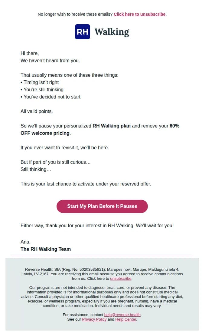 Reverse Health email: We’ll pause your RH plan now.