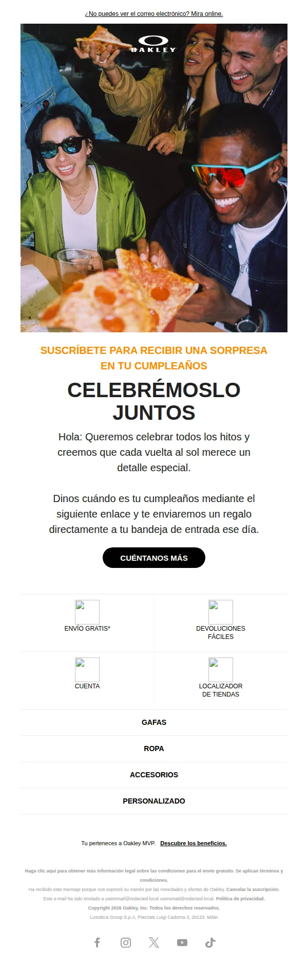 Oakley email: ¿Qué tal suena una sorpresa de cumpleaños?
