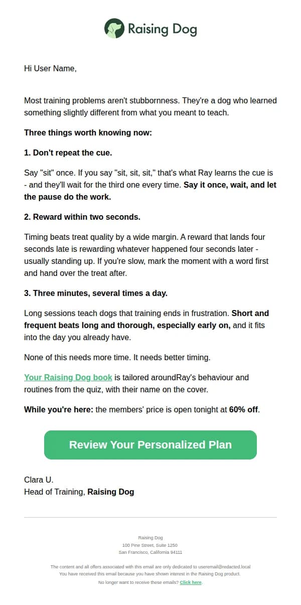 Raising Dog email: Stop saying it twice