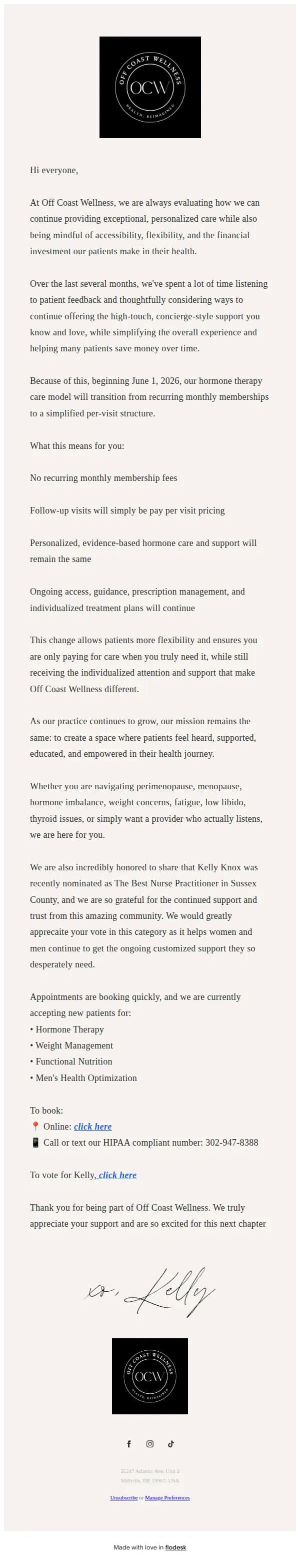 Off Coast Wellness email: Exciting Changes to Your Hormone Therapy Care!