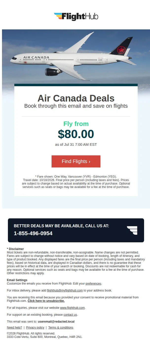 FlightHub email: ✈ Air Canada Flights from $80.00