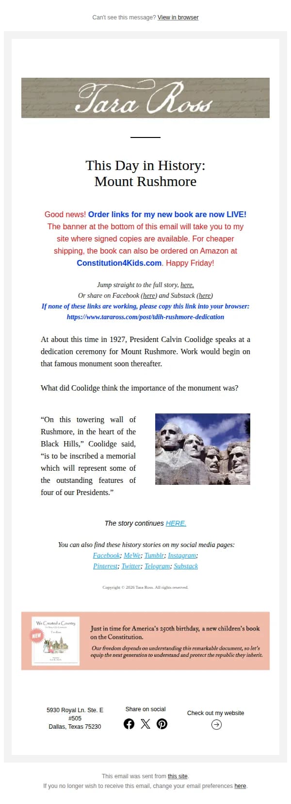 Tara Ross email: TDIH: Mount Rushmore