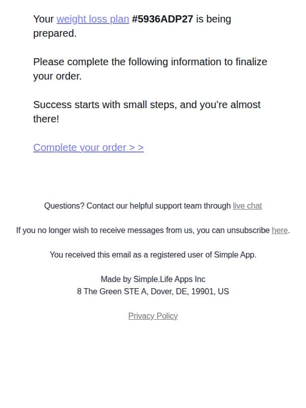 Simple email: Order update: Plan #5936ADP27