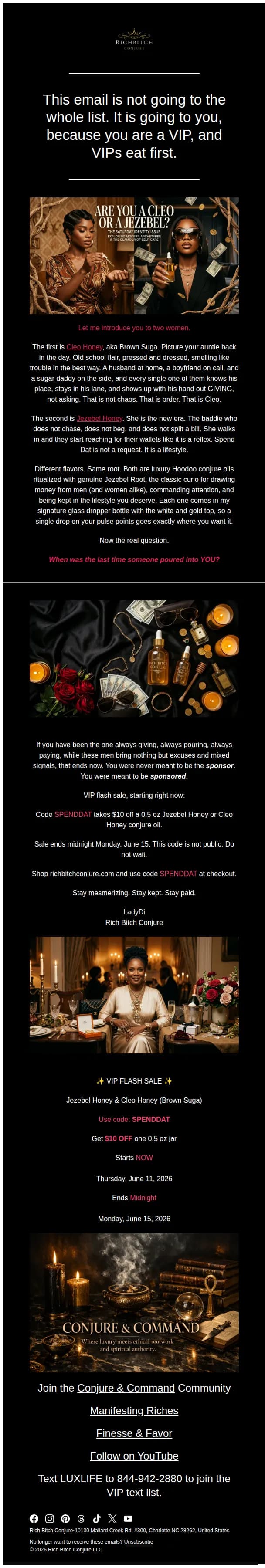 Rich Bitch Conjure email: VIPs only: two oils, one root, $10 off (code inside)