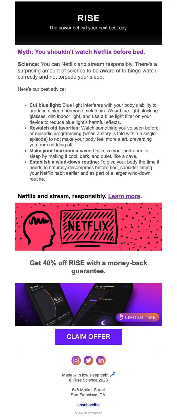 Rise Science email: Myth: You shouldn't watch Netflix before bed.