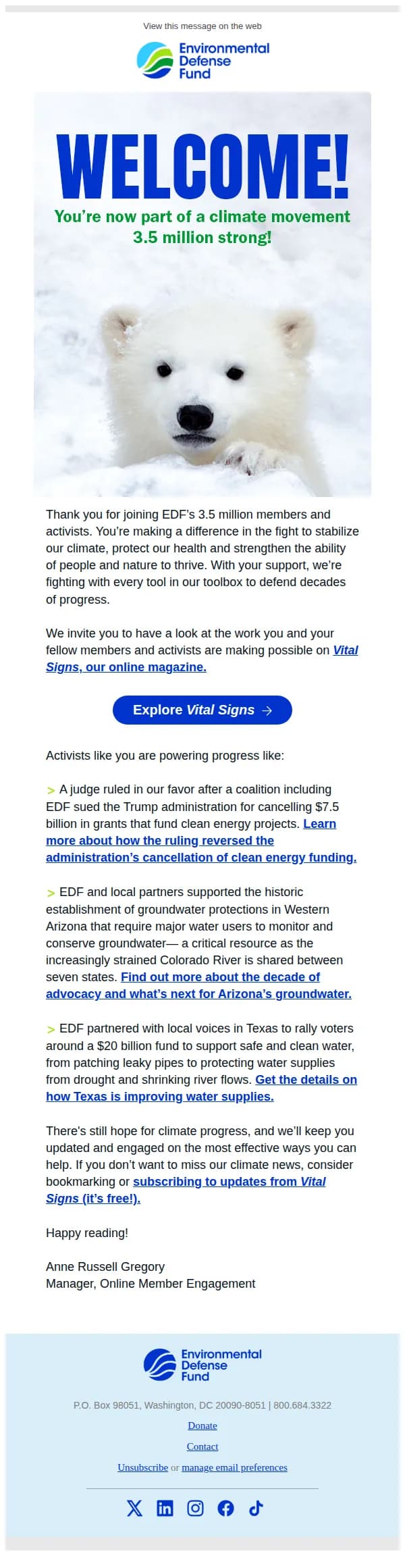 Environmental Defense Fund email: Thank you for making a difference!