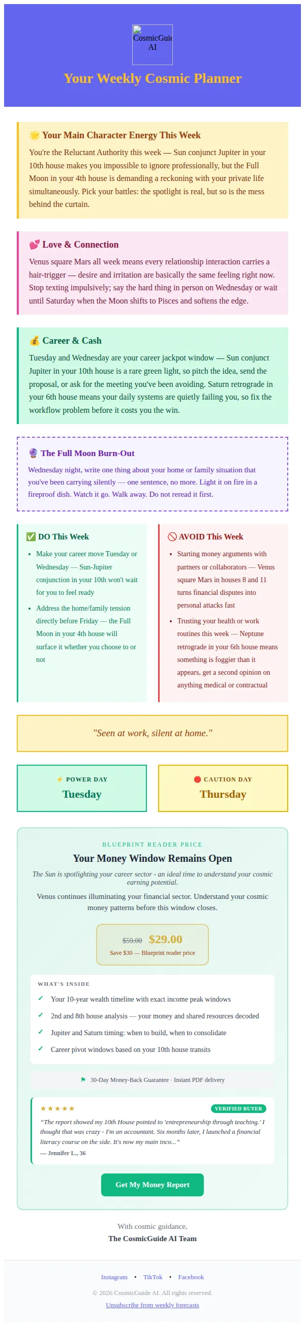 CosmicGuide AI email: Your Career Is Glowing — Don't Blow It At Home 🔥