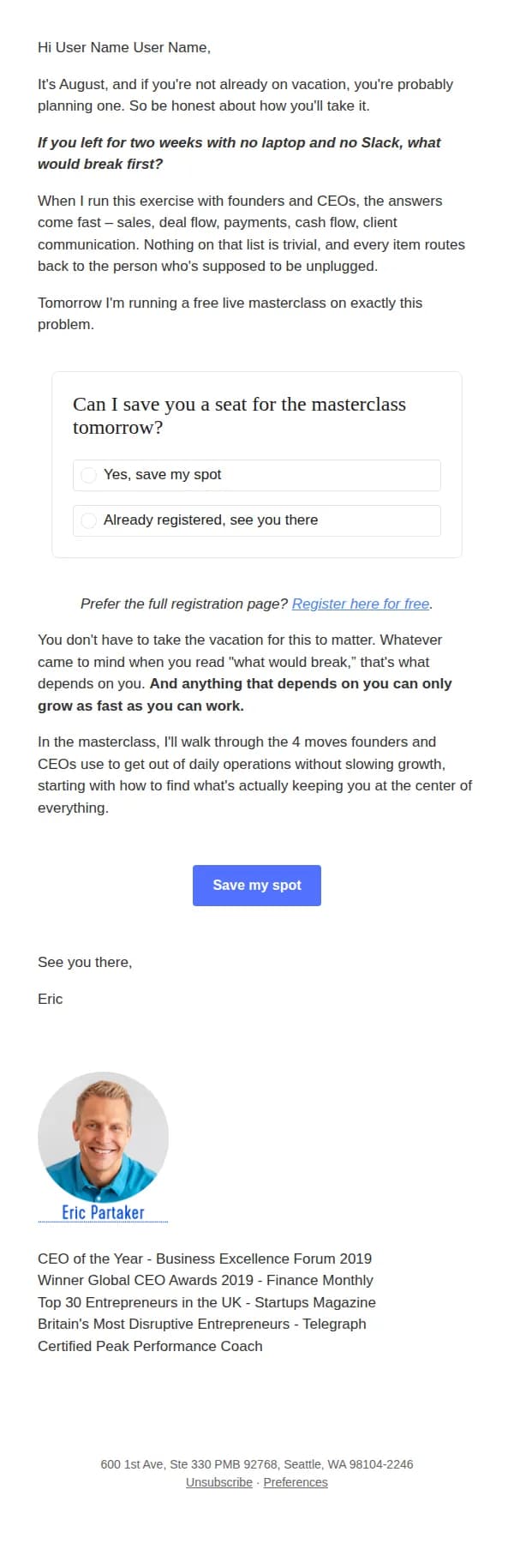 Eric Partaker email: Could Your Company Handle Two Weeks Without You?
