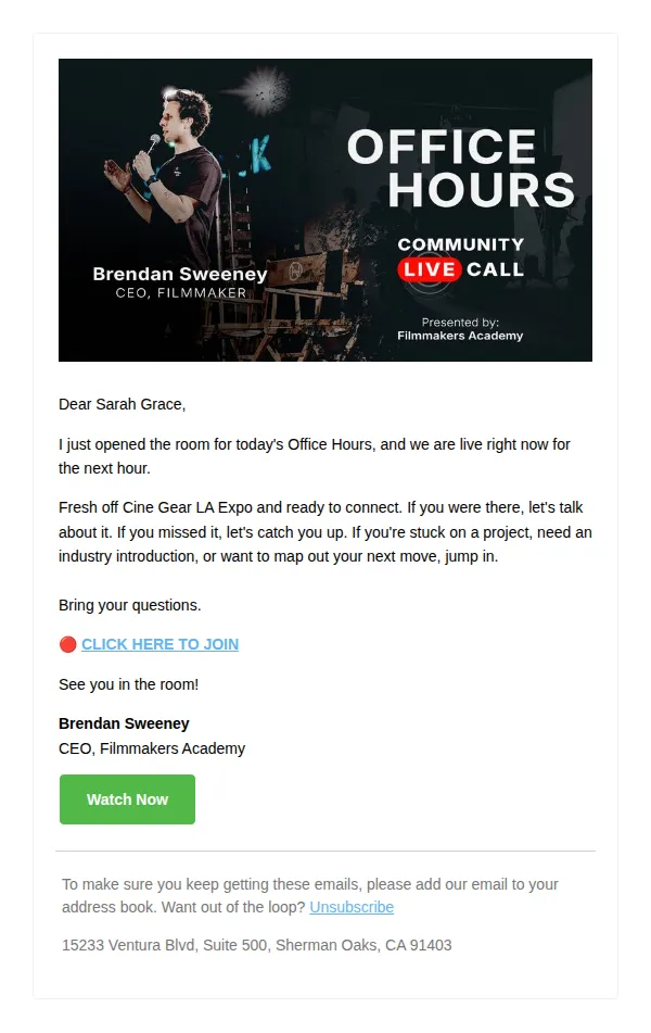Filmmakers Academy email: 🔴 LIVE NOW: Office Hours with Brendan & Cine Gear LA Expo Recap – Join Us!