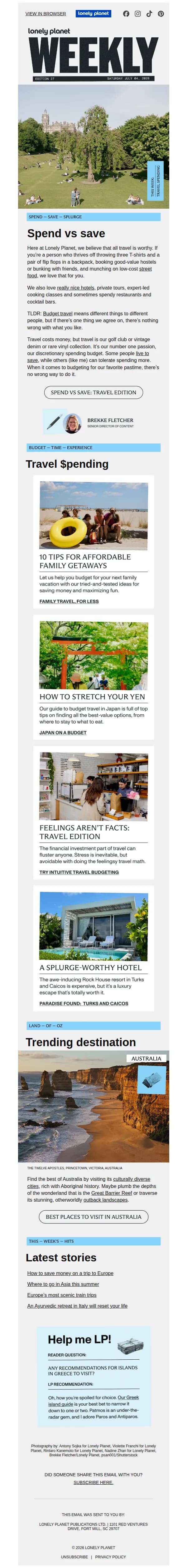 Lonely Planet email: Spend vs save: travel edition