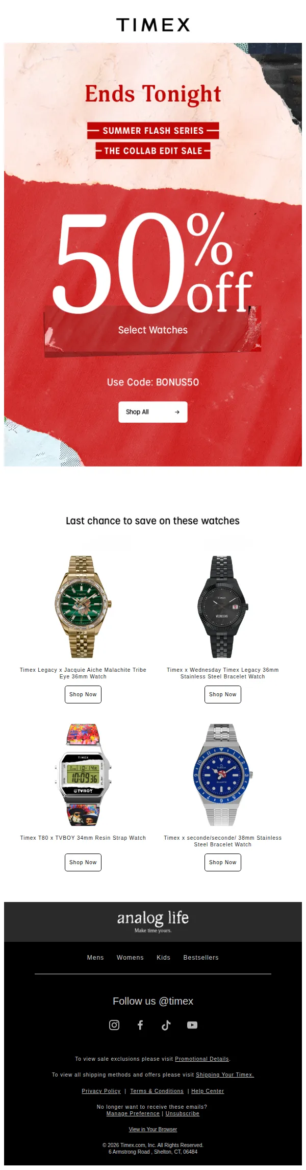 Timex email: Final Call For 50% OFF Collabs