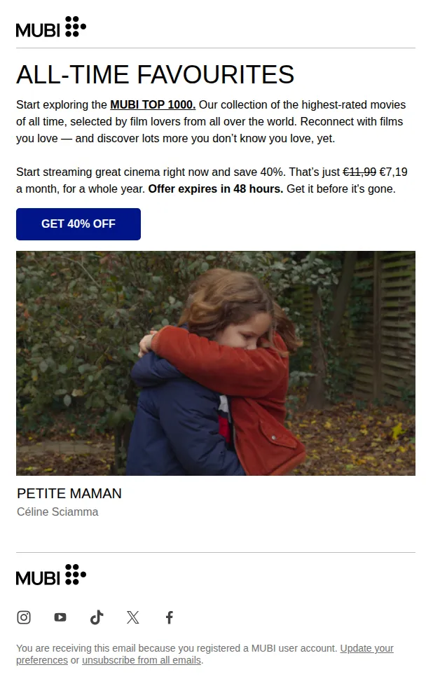 MUBI email: Stream our most loved movies. Just €7,19 a month.