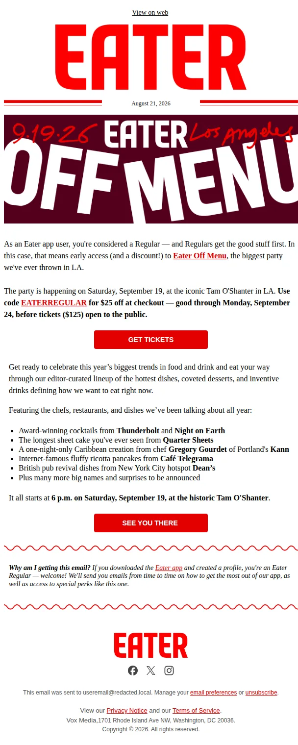 Eater email: You're Invited to Eater Off Menu