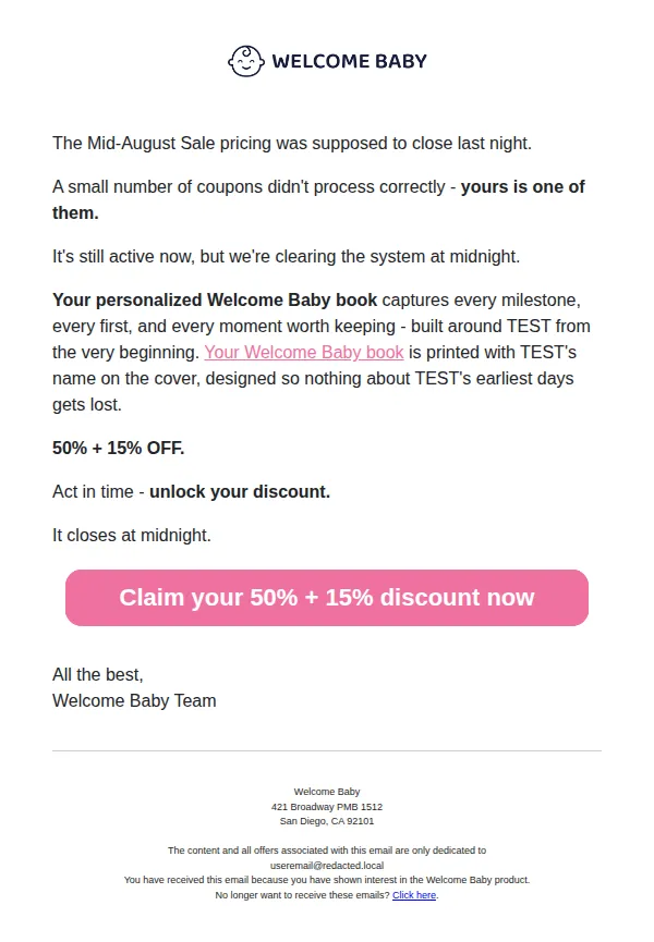 Welcome Baby email: Your Welcome Baby discount is somehow still active