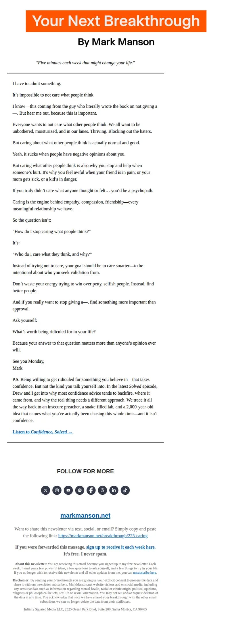 Mark Manson email: You'll never stop caring