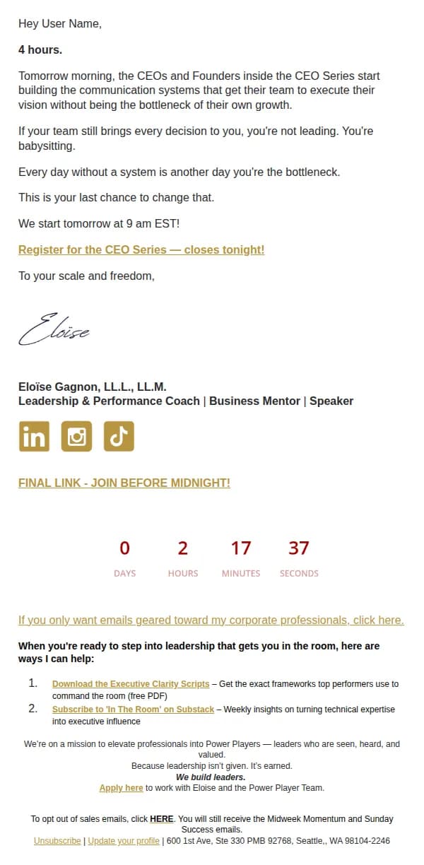 Eloise Gagnon email: LAST CALL | 4 hours left.