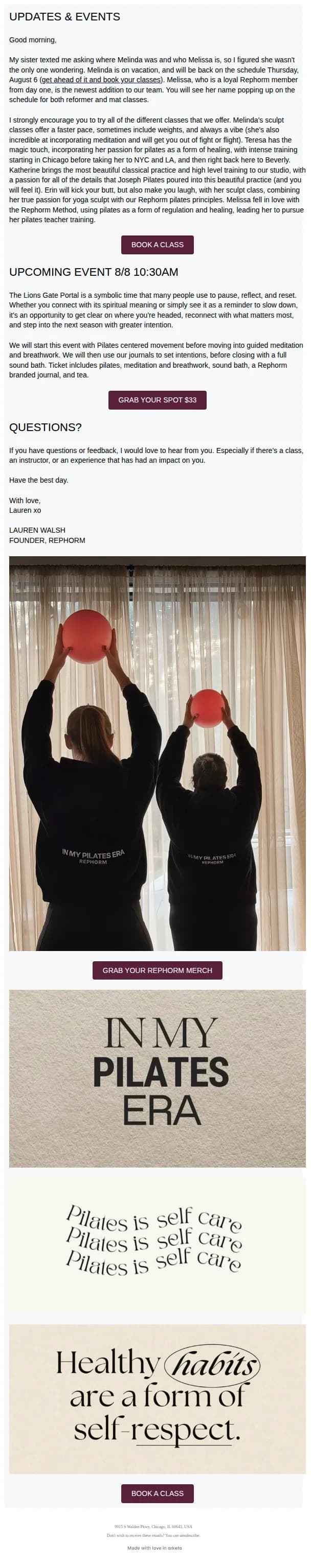Rephorm Pilates email: Updates & Events
