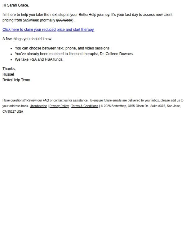 BetterHelp email: Final reminder