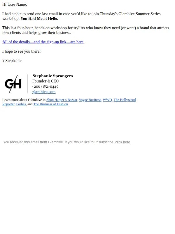 Glamhive email: Join Us *this Thursday* Glamhive Stylist Branding Workshop