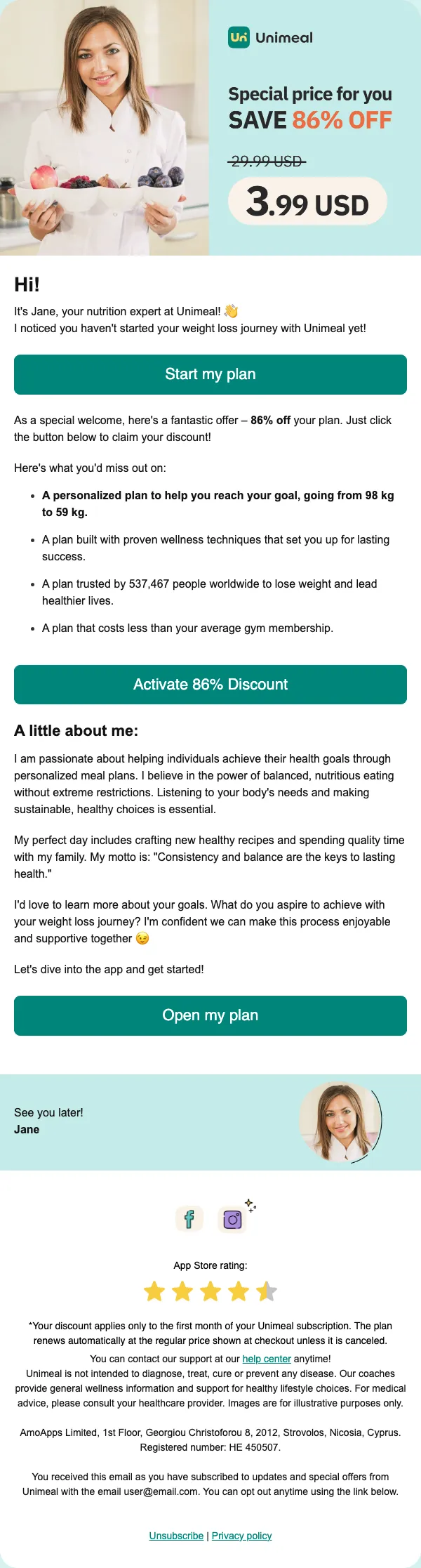 Unimeal email: Your meal plan for just $3.99 instead of $29.99 for the first month 🥑