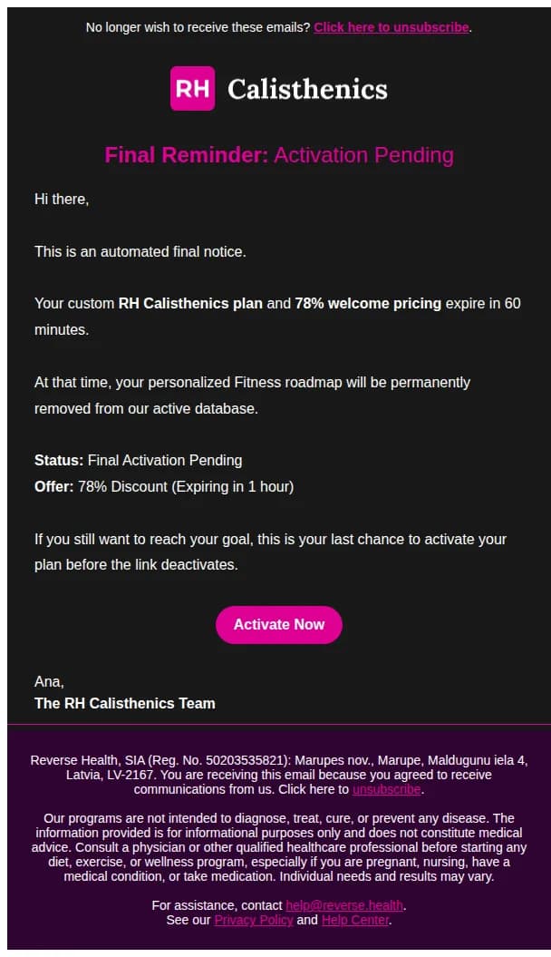 RH Calisthenics email: 60 minutes remaining.