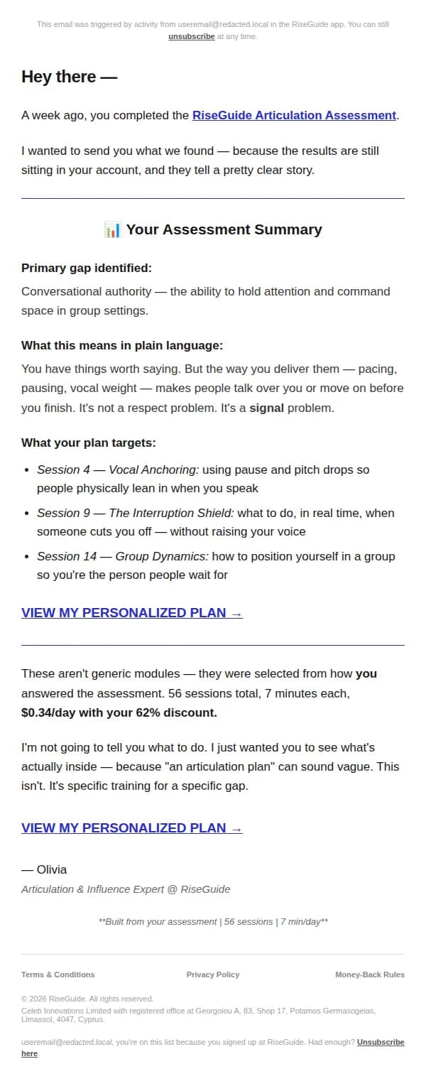 RiseGuide Team email: Your Articulation assessment results
