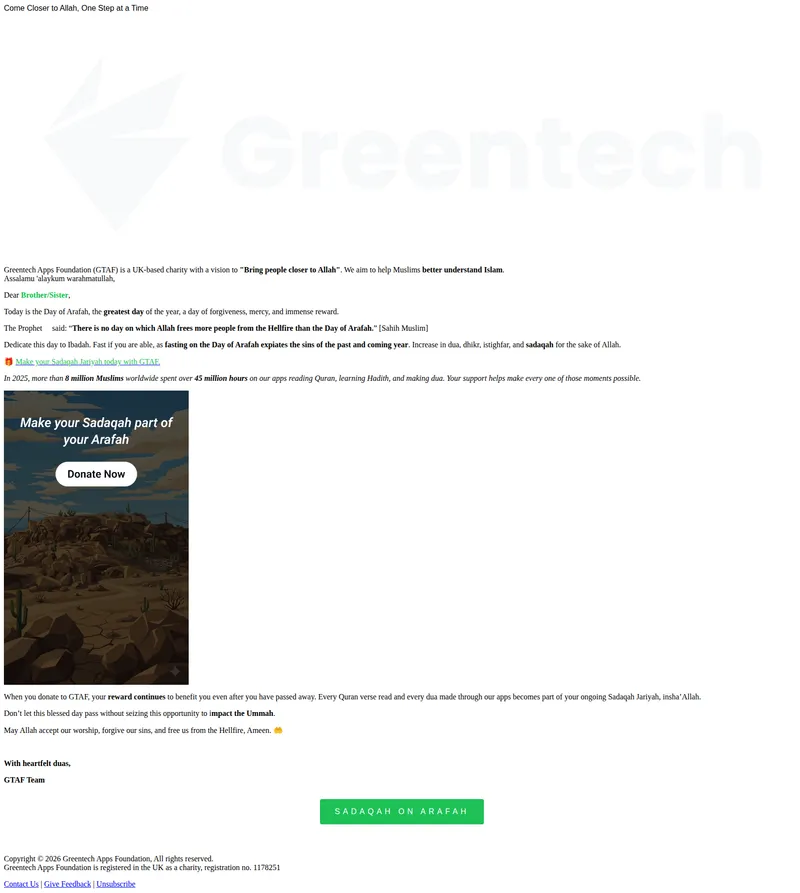Greentech Apps Foundation email: Today is Arafah: Multiply Rewards with Sadaqah! 🕋