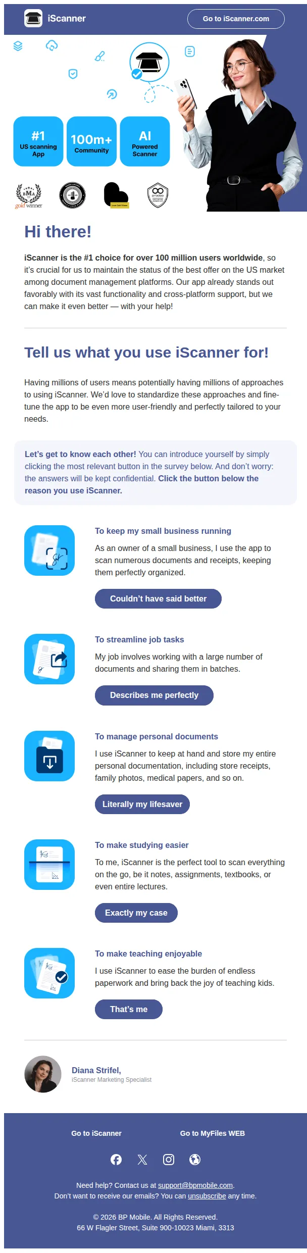 Diana from iScanner email: 🖐️ Welcome to iScanner — Your Trusty Companion!