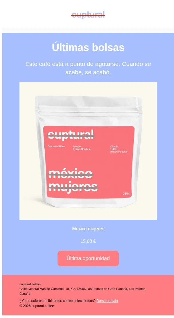 Cuptural Coffee email: México Mujeres está a punto de agotarse