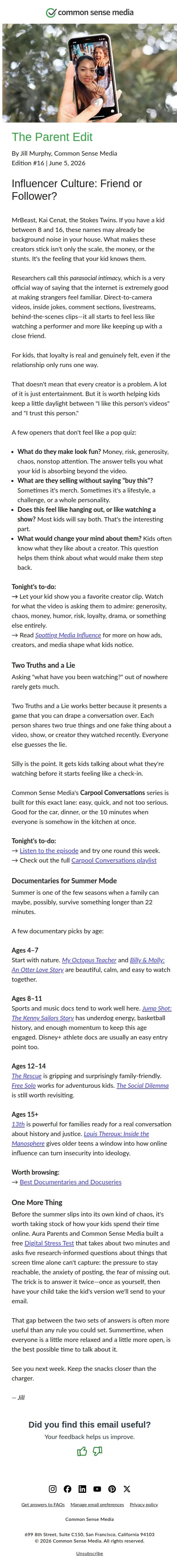 Common Sense Media email: The Influencer Friendship Illusion 😵💫