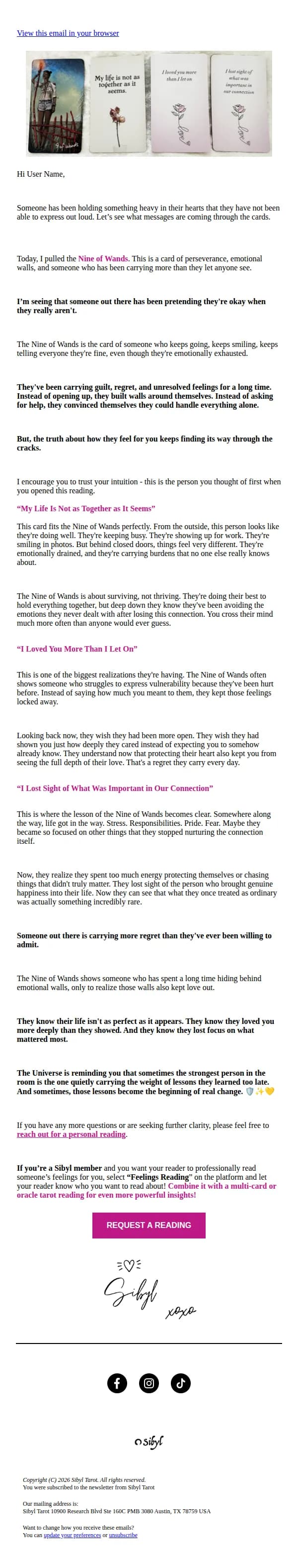 Sibyl Tarot email: "i loved you more than you know"