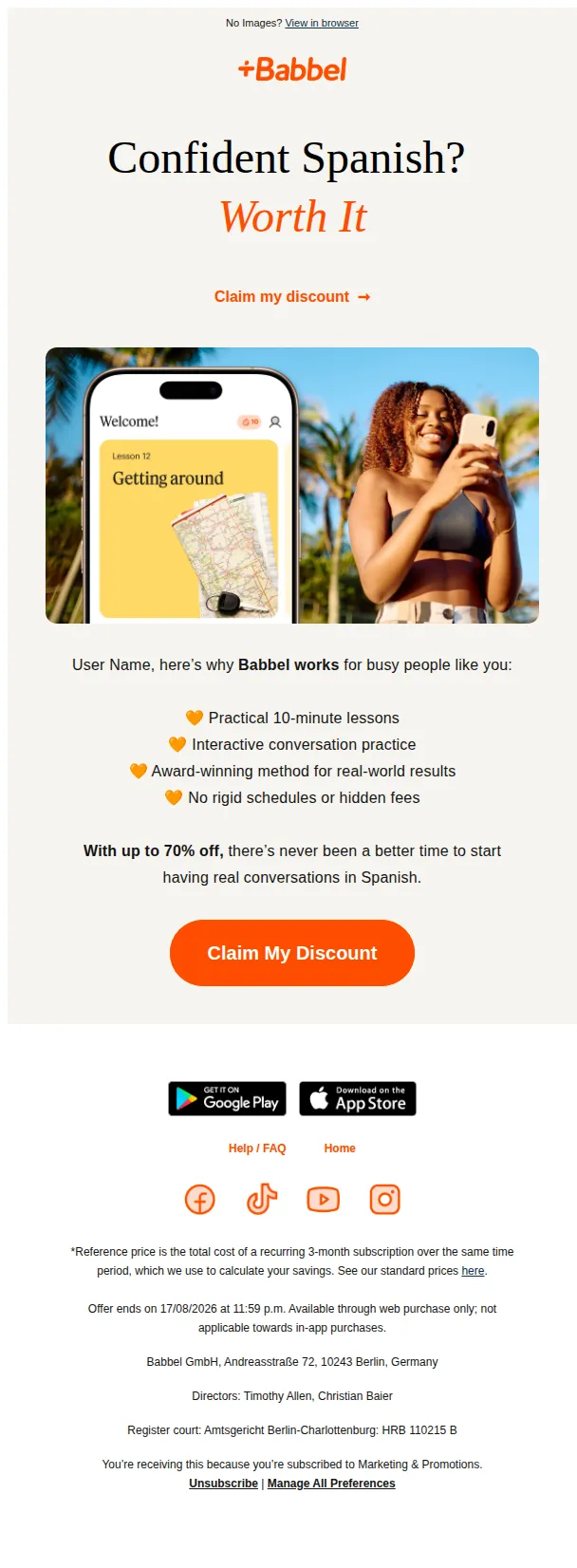 Babbel email: 💡 Don’t miss up to 70% off Spanish – flexible, fast, effective