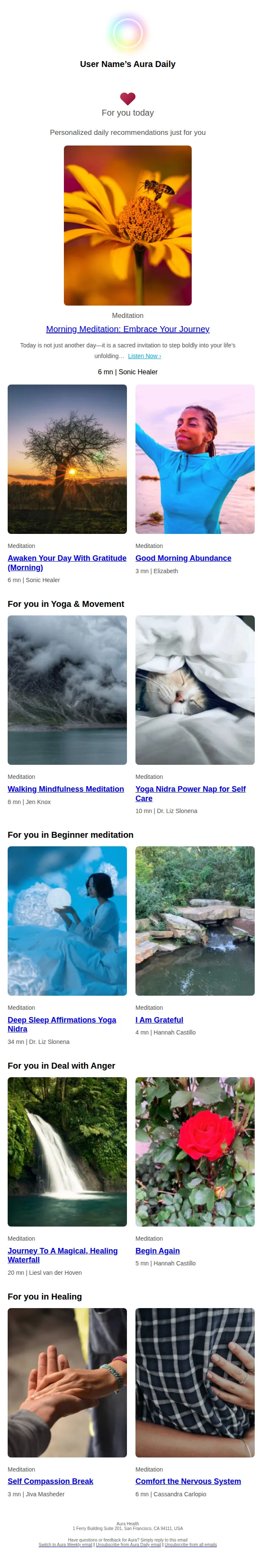 Aura Health email: Saturday: Morning Meditation: Embrace Your Journey (Meditation)