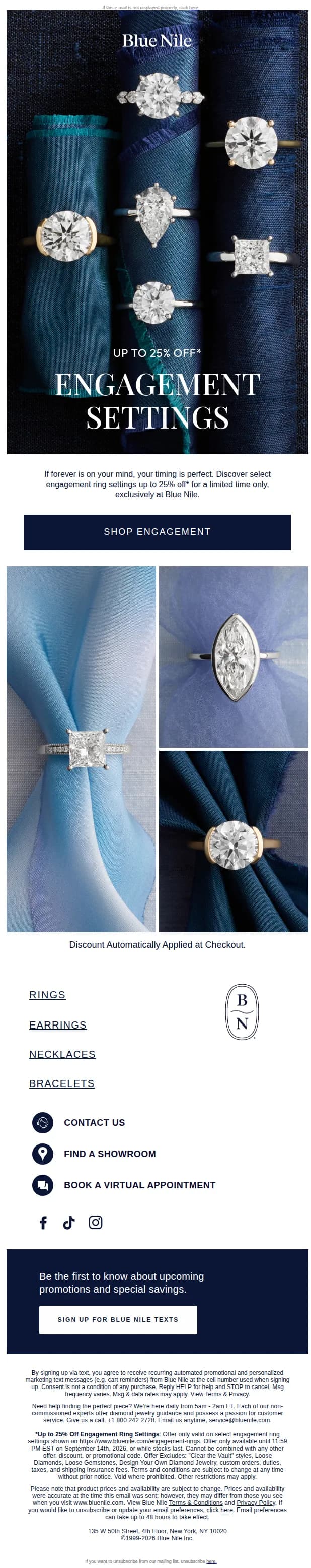 Blue Nile email: It’s a Sign: Select Engagement Settings Up to 25% Off*