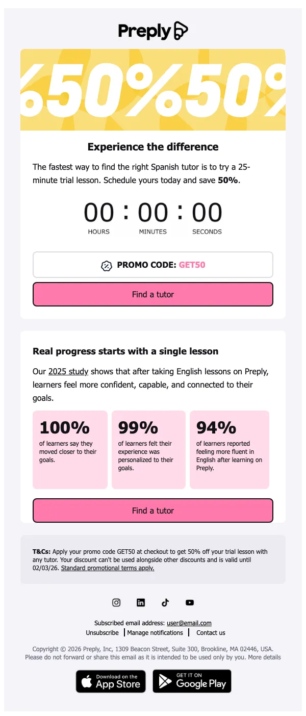 Preply email: Last chance for 50% off Spanish