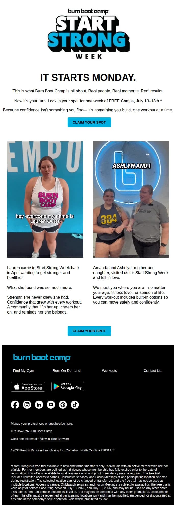 Burn Boot Camp email: Lock in your FREE spot for Monday 📲